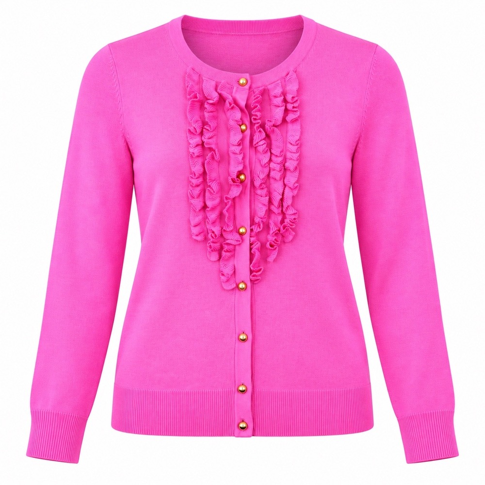 Talbots Petite Cardigan Sweater Size MP Pink Ruffle Front Barbecore Feminine